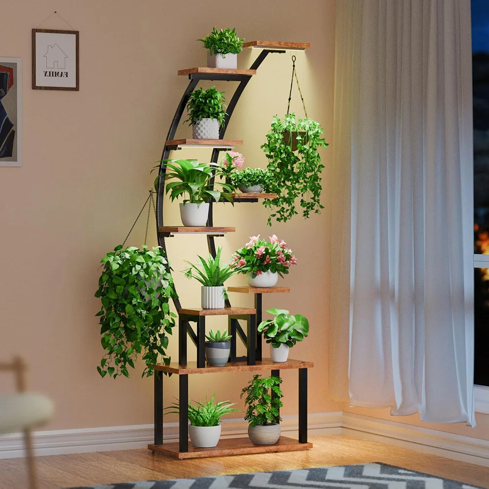 9-Tiered Indoor Plant Stand with Grow Lights Corner Plant Holder and Metal Flower Display Shelves for Garden Usepromote sales
