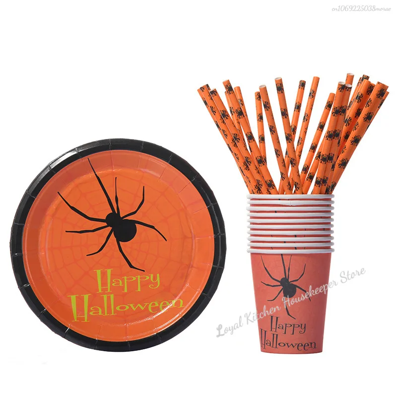 25pcs Halloween Drinking Paper Straws Pumpkin Bat Spider Web Skeleton Witch Pattern Straws Halloween Party Supplies Decoration