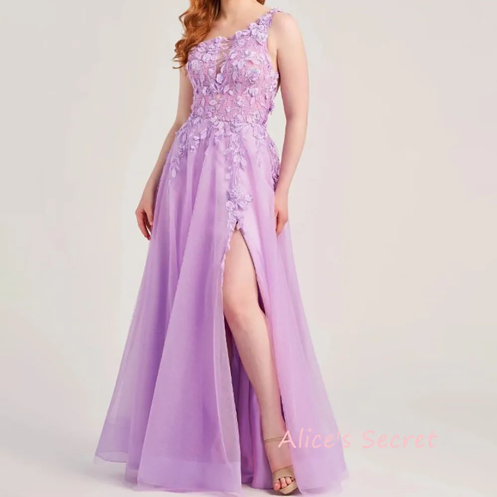 A-Line Tulle One Shoulder Sleeveless Lace Applique Sequin Open Back Floor Length Prom Dress Robe de Bal