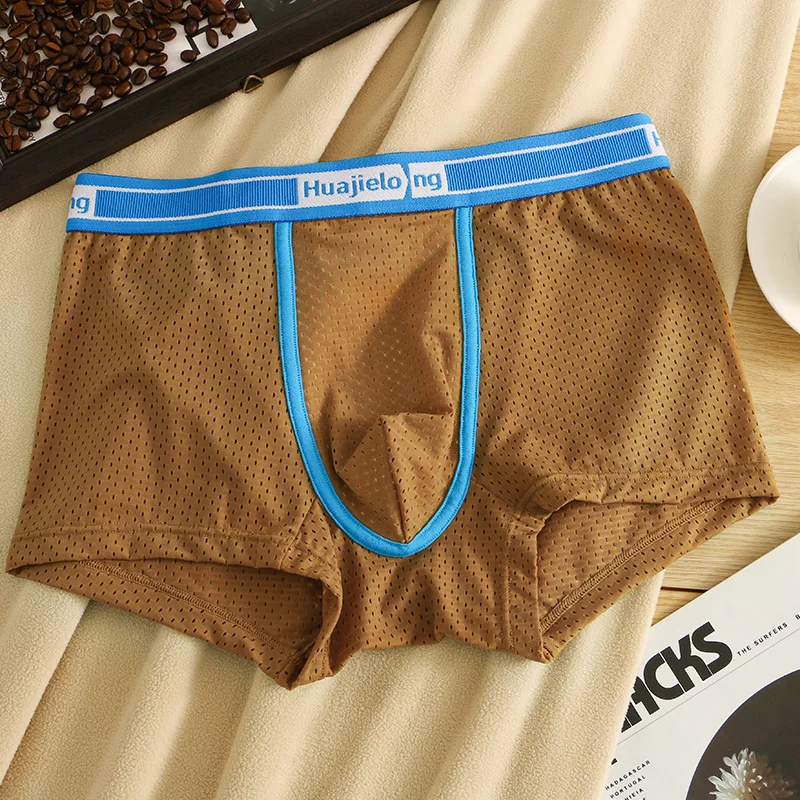 Sexy Mens Fine Mesh Breathable Shorts Middle Waist Briefs Loose Underpants Pouch Panties Casual Underwear Homewear