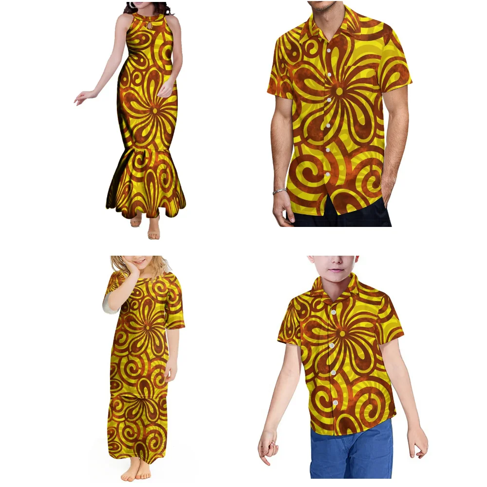 Abbigliamento da festa in famiglia personalizzato polinesiano, abiti lunghi estivi da donna, camicie da uomo larghe, camicie da ragazzo, abiti da ragazza