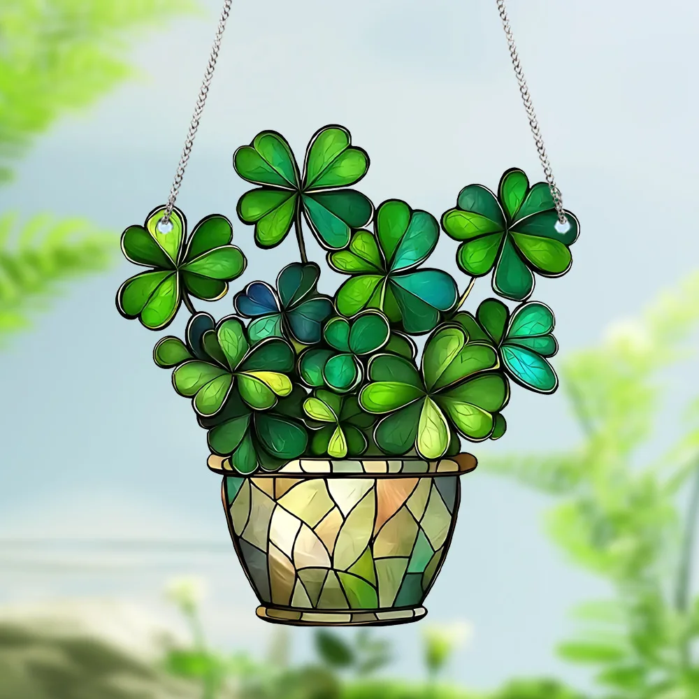 

Simulated Lucky Four-leaf Clover Hanging Decorations 2D Acrylic Pendant with Chain Window Porch Hanging Home Outdoor Decoration