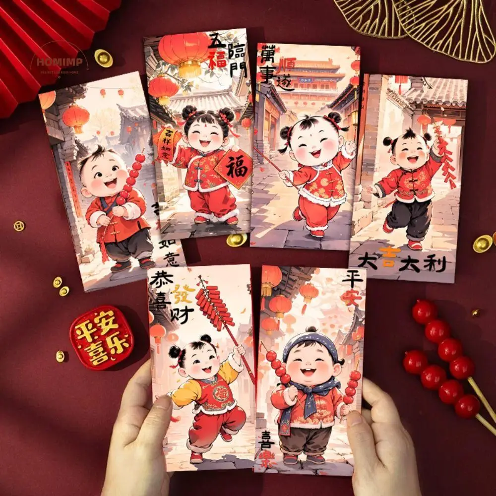 

6pcs Cartoon New Year Red Envelopes Traditional Chinese Style Children Money Pocket Blessing Hongbao Gifts Packing Bags Bonus