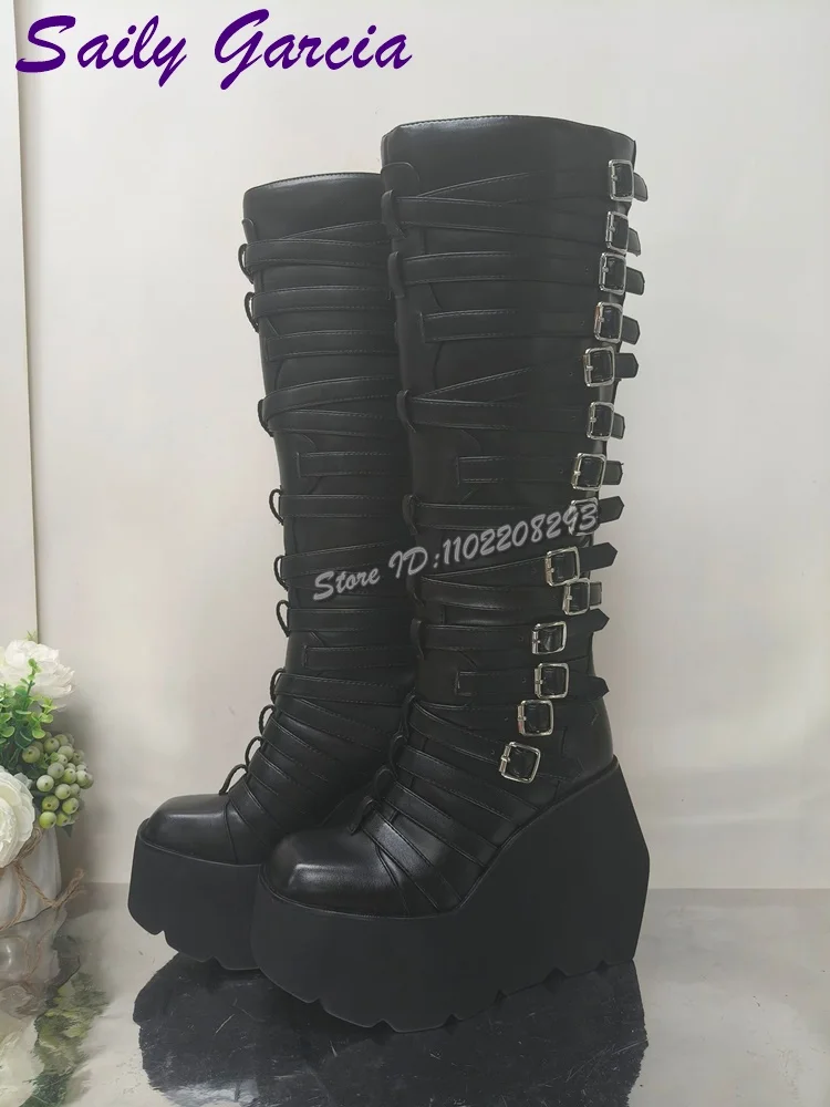 فاسق حزام مشبك منصة دراجة نارية الأحذية ساحة تو الظلام سميكة وحيد الساخن فتاة الركبة عالية الأحذية 2025 Y2K النساء الأحذية الحديثة الجديدة