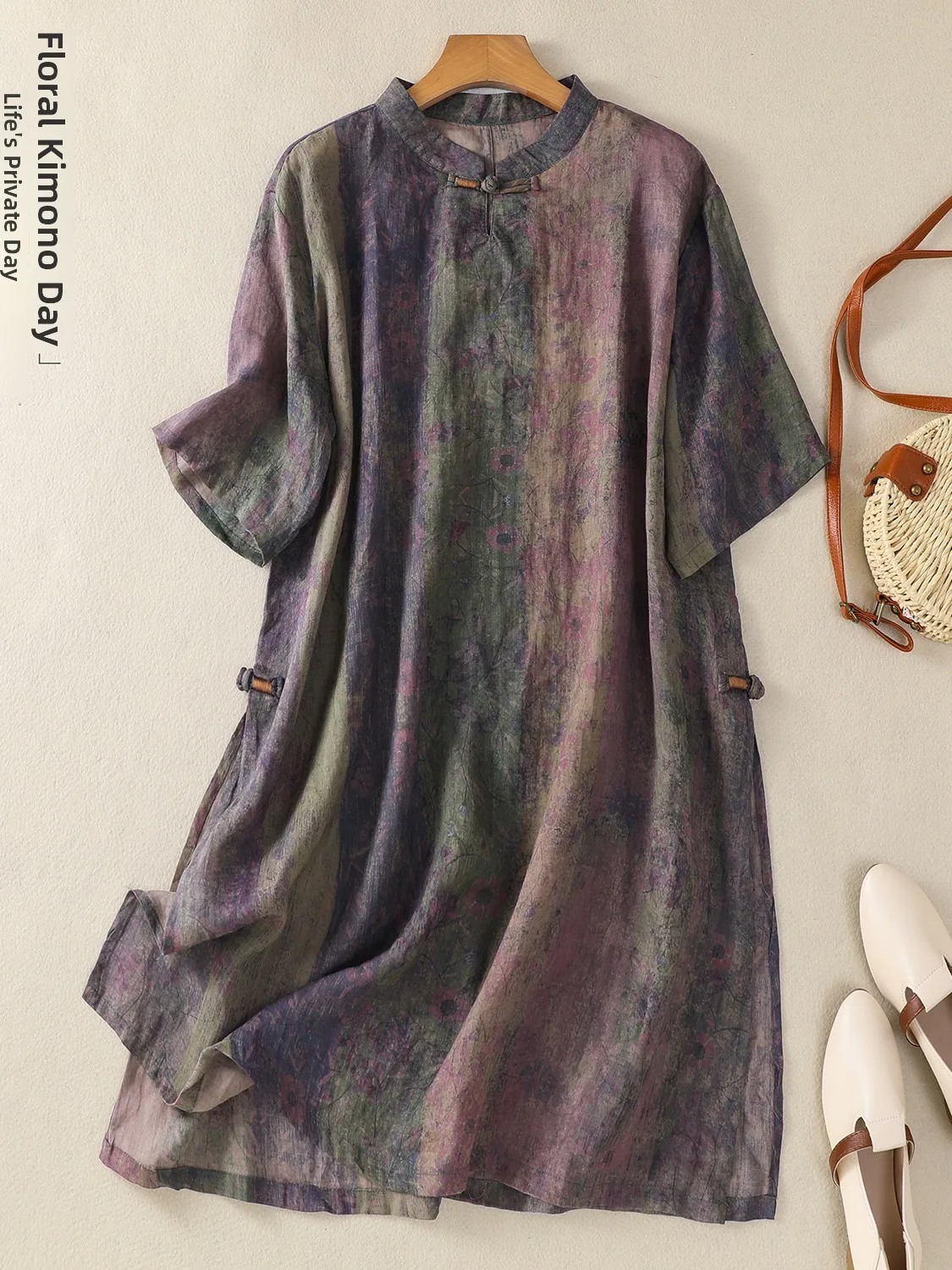 Retro Chinese Sle Floral Print Linen irt Women's Summer f Sve Stand Collar Mid-Length Side Slit Top A-Line Skirt