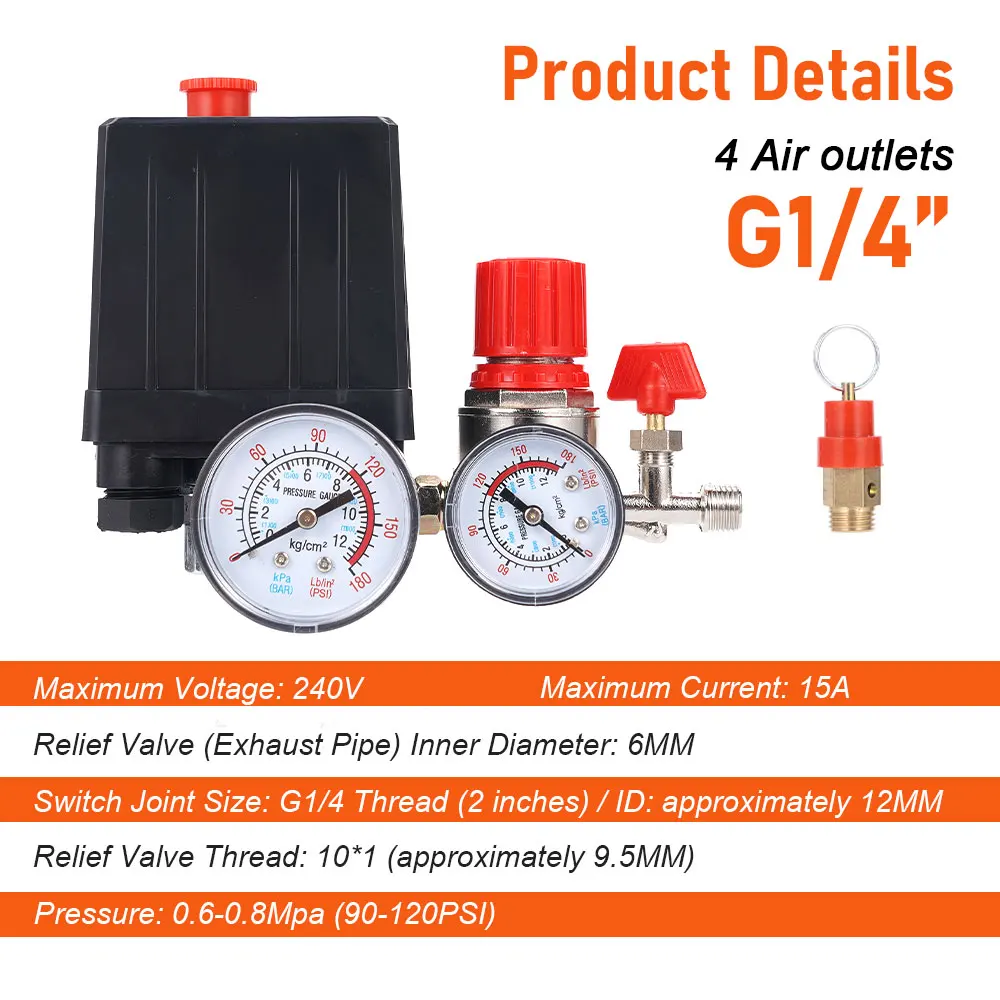 90-120PSI ضاغط الهواء مفتاح ضغط صمام التحكم المنوع منظم مقاييس صمام الأمان 1/4 "BSP أجزاء ضاغط الهواء #4