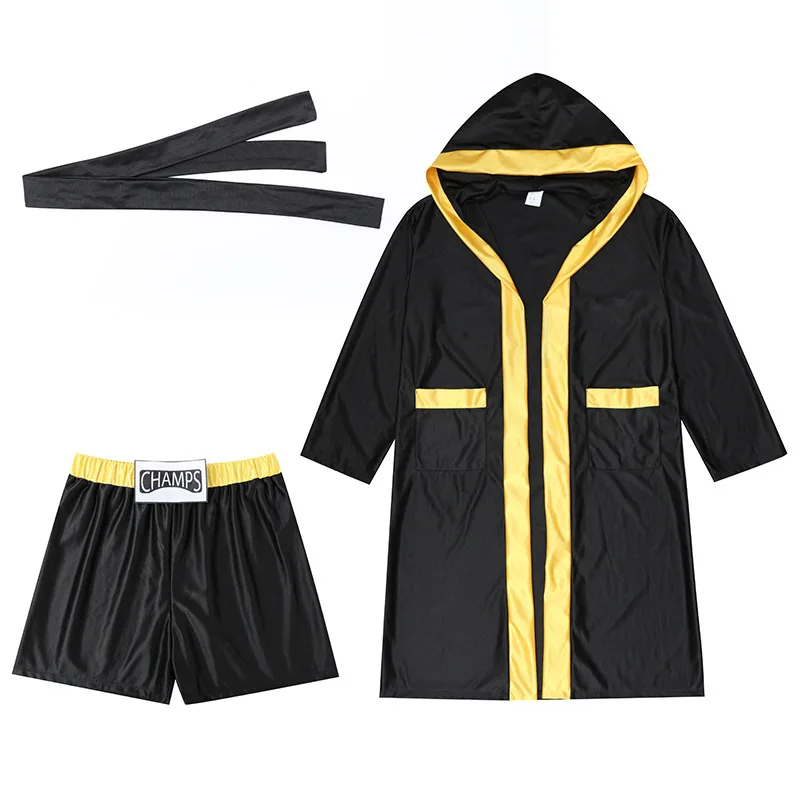 Boxing Robe Adult Male Boxer Competition Cosplay Game Clothes Black Hooded Jacket Cape Sweatpants Suit Stage Performance Costume