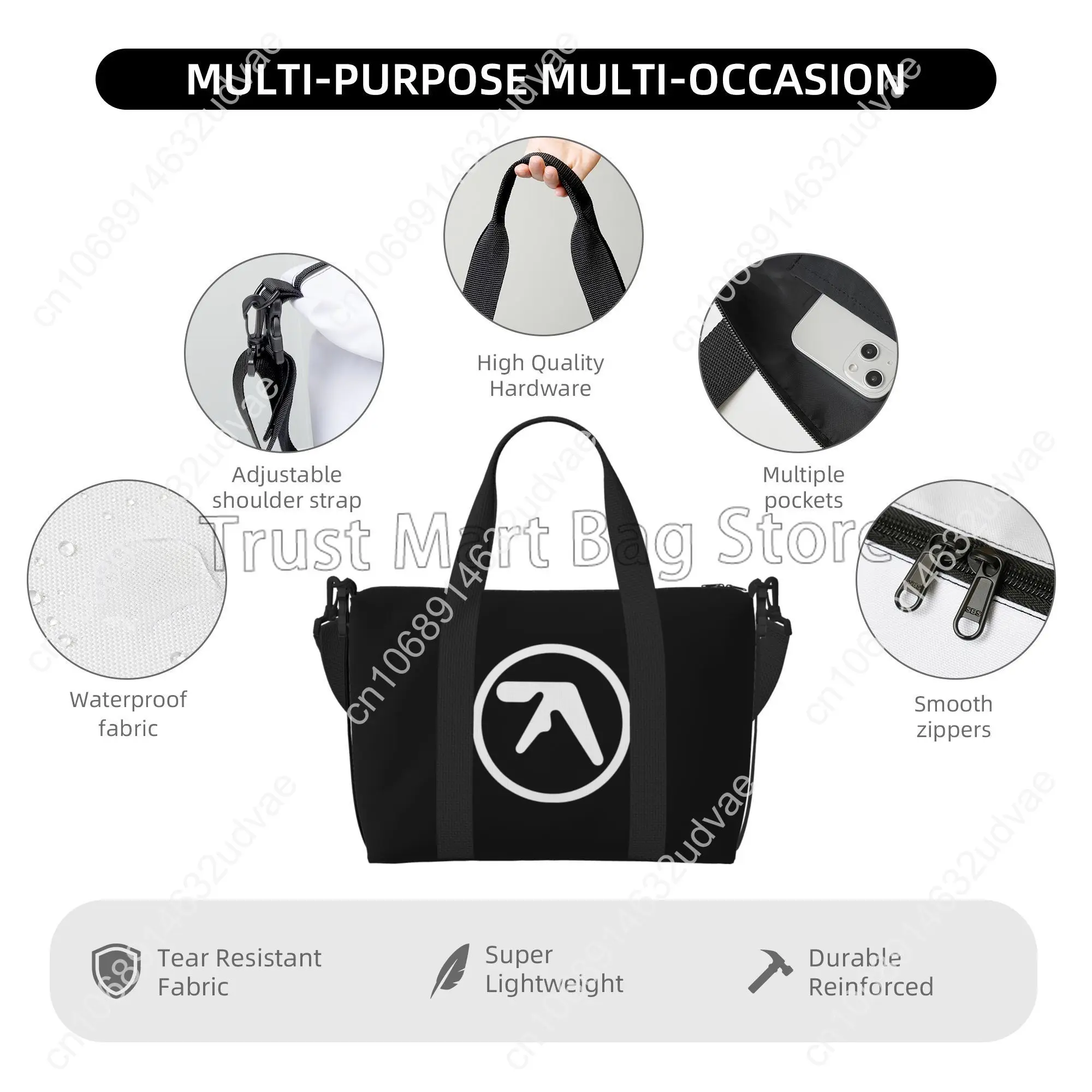 Aphex Twin Print Travel Duffel Bags Unisex Casual Workout Luggage Bag Portable Waterproof Tote Bags Weekender Overnight Handbag