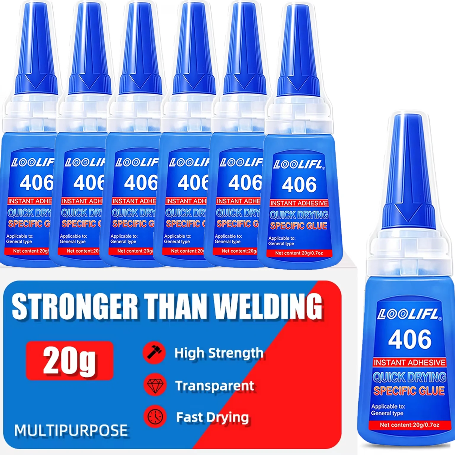 Loolifl406 Instant Glue 6-Pack 26g Quick-Drying Super Strong Adhesive High Strength Transparent Multi-Purpose Repair Glue, Suitable for Plastic, Metal, Ceramics