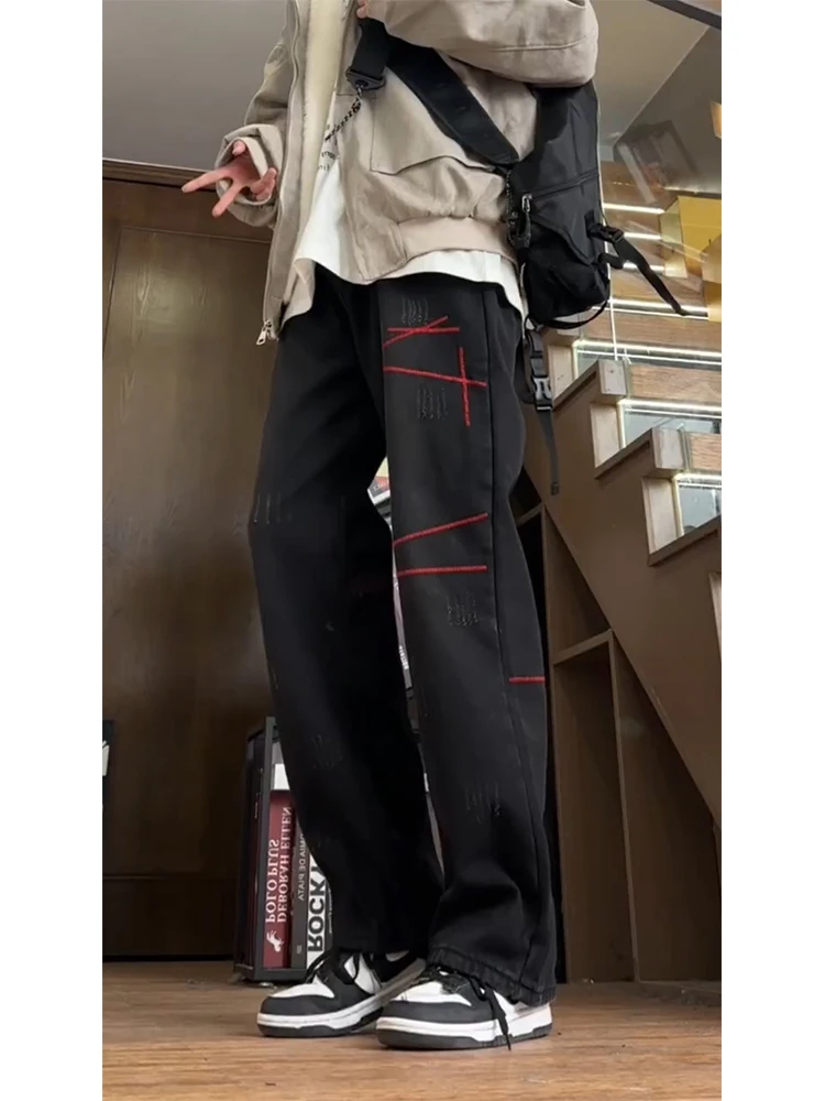 

Мужские прямые джинсы с вышивкой Thiened Fce в американском стиле High Street Vibe, весенние свободные широкие брюки, молодежная мода