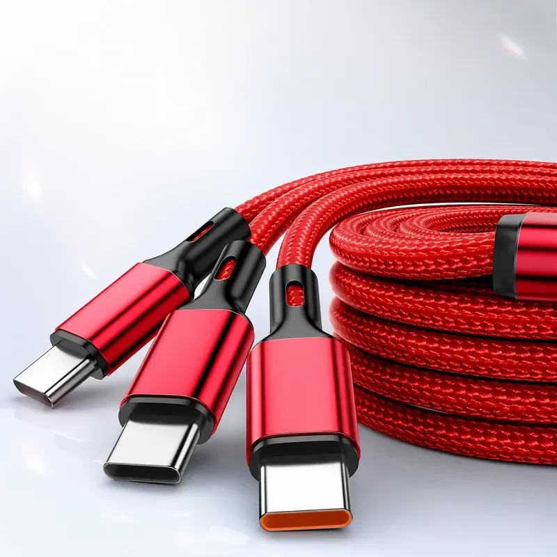 100W 3-in-1 Fast Charging Data Cable USB-A to 3x USB-C Quick Charge 3.0 Nylon Braided Cord for iPhone Samsung Laptop Portable
