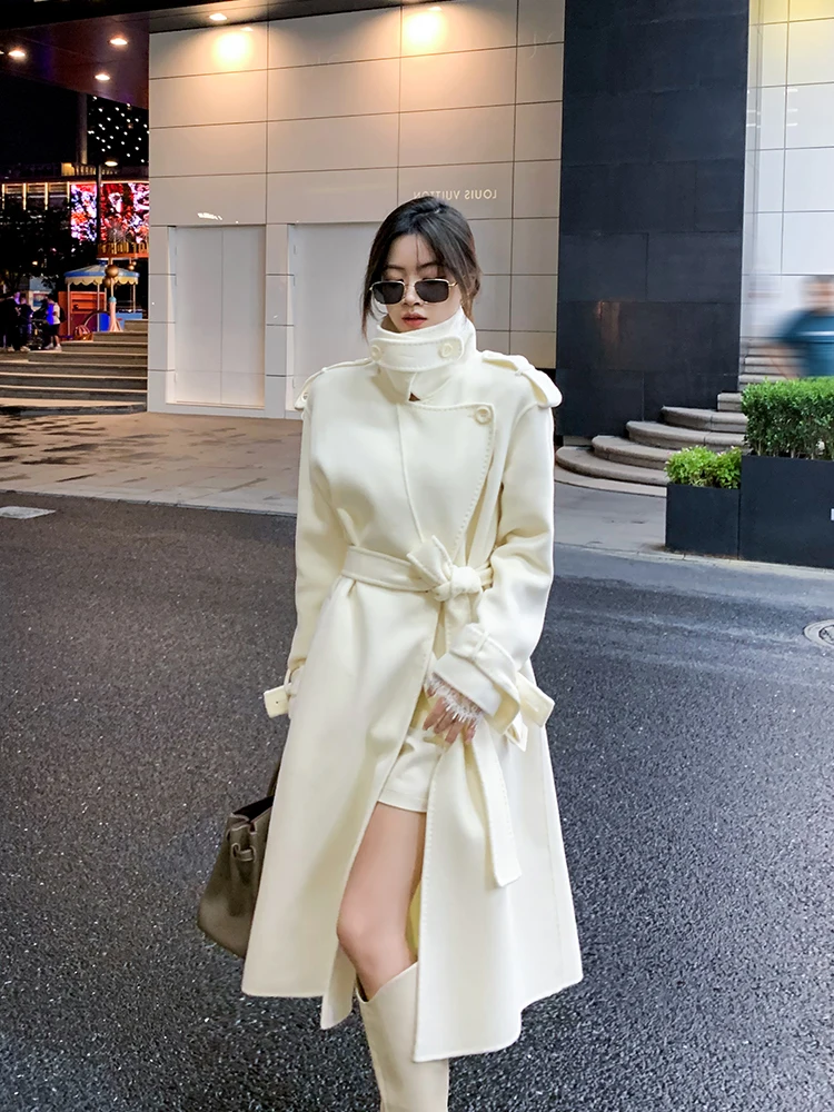 

Double-Faced Camere Long Coat Women's Winter Faion Slim Fit Hepburn Sle Woolen Outerwear Korean Version Belted Design