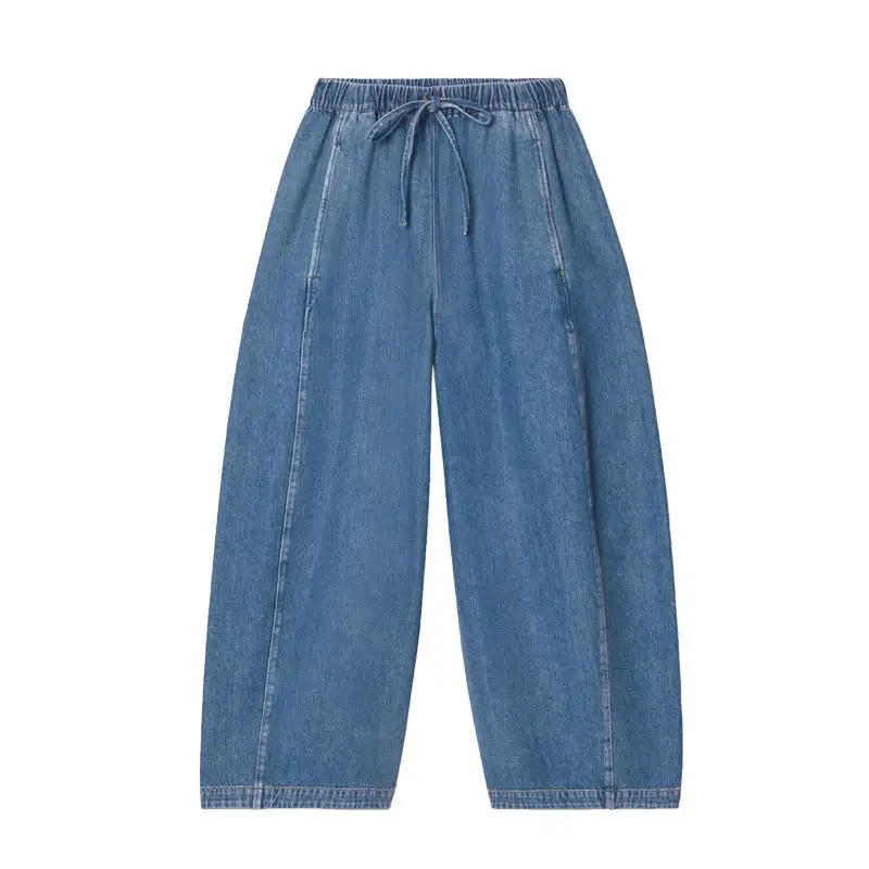 CS Spring New Casual Version Dstring Waist Denim Jeans Blue Wide Leg Pants Adult Wear Resistant Loose Fit Long Trousers