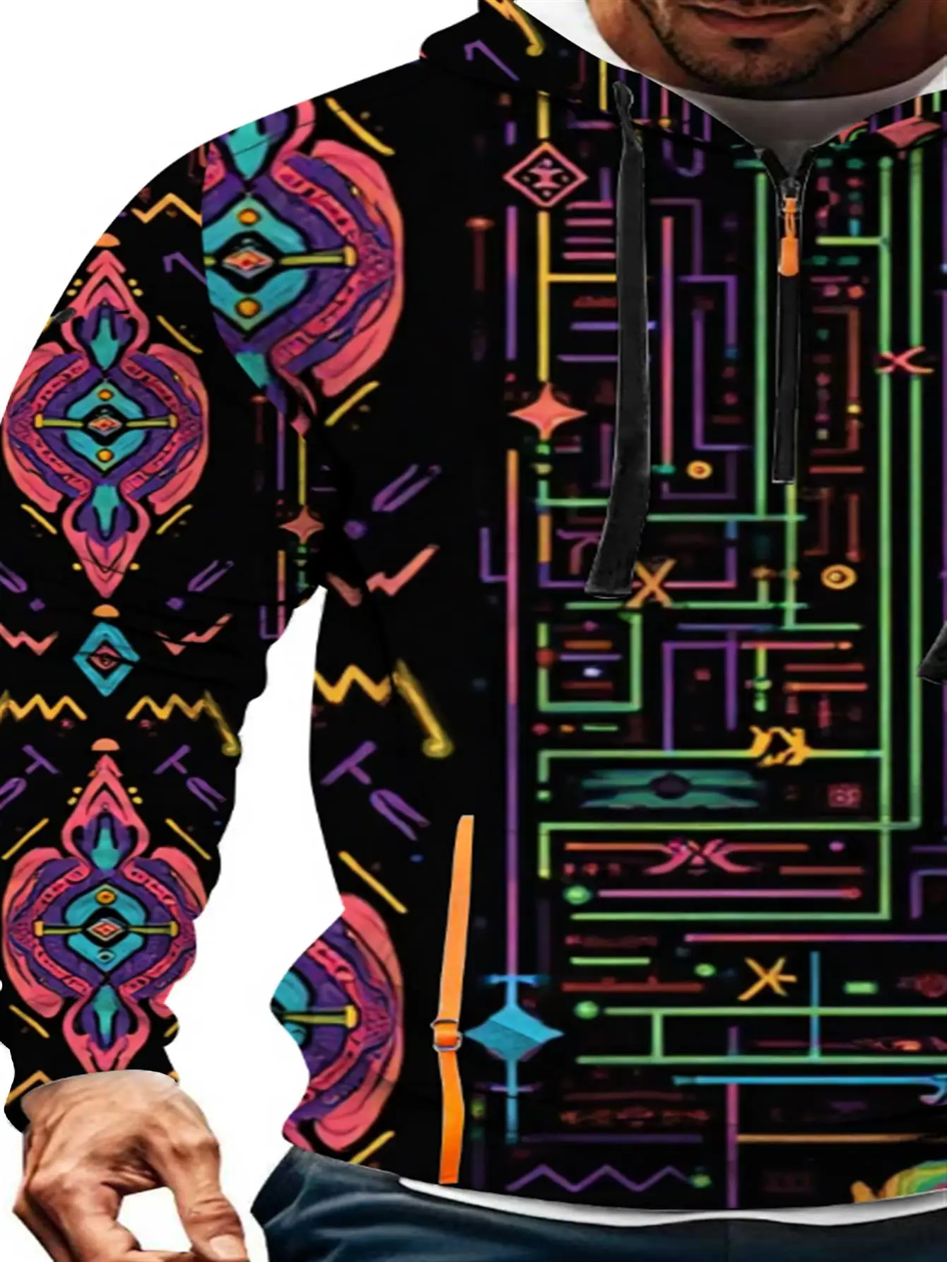 3D Full Print Tribal Hoodie Men Black Multi Neon Geometric Ethnic Line Pattern Drawstring Loose Casual Hooded Sweat Top