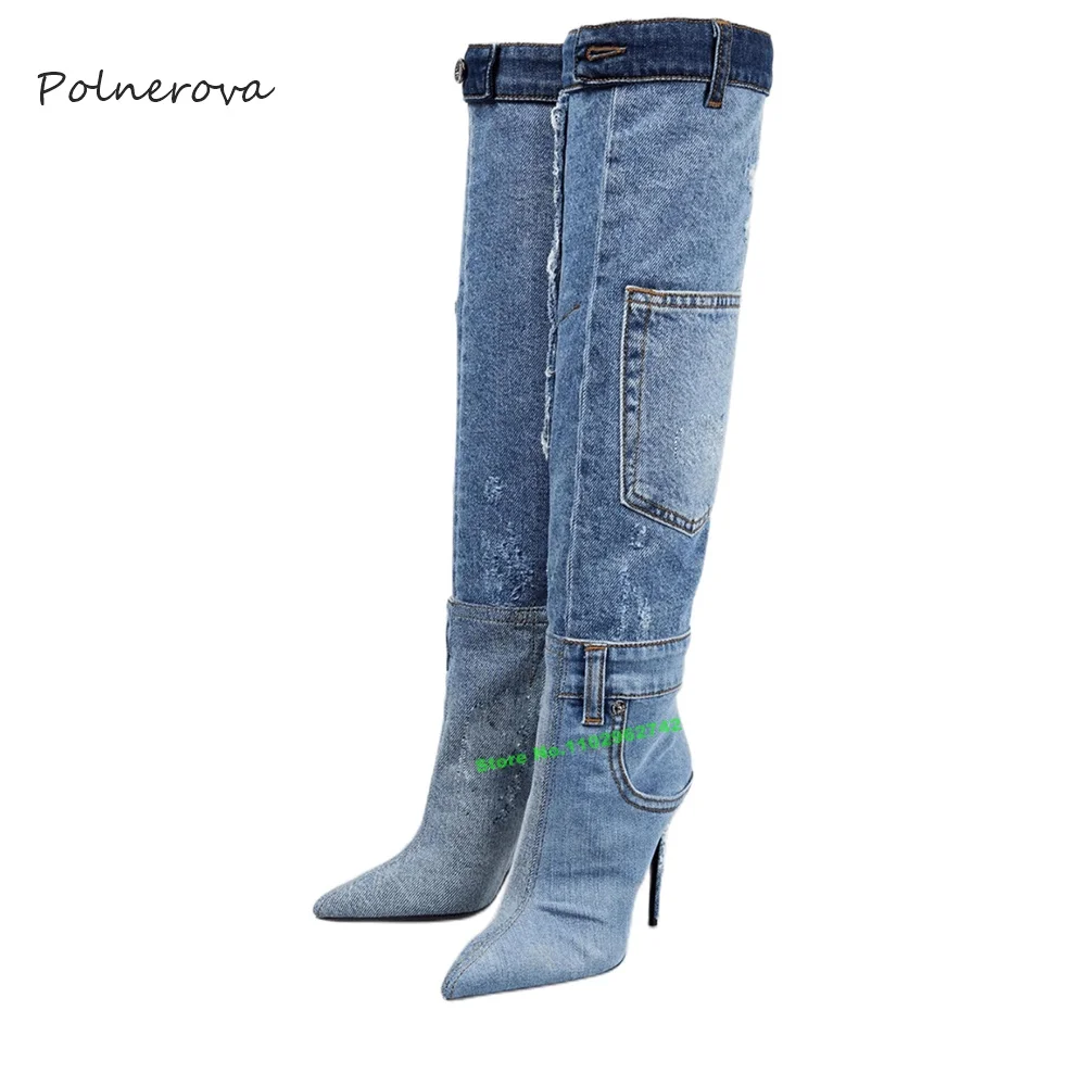 Denim Stiletto Heels Knee Boots Pointy Toe Pocket Design Boots 2023 Autumn Newest Runway Party Shoes for Women Fashion Leisure