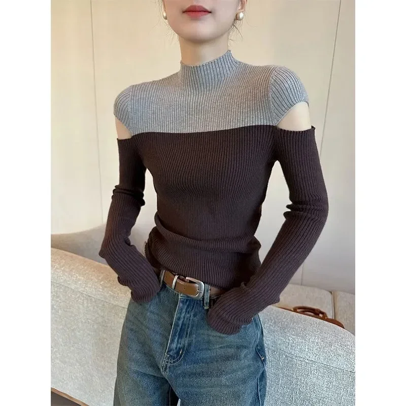 Spring Lady Half High Collar Pullover Knitted Coat Autumn Female Color Blocking Sweater Tops Korean Women Off Shoulder Knitting