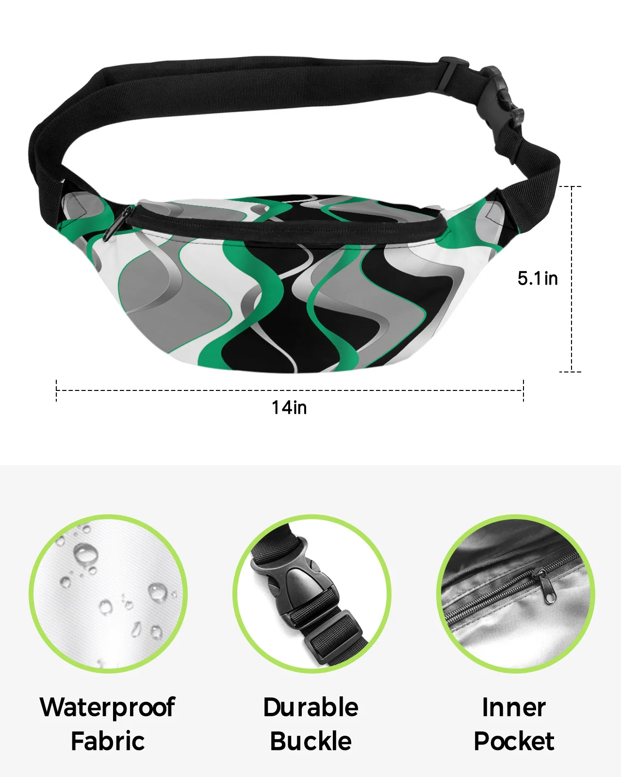 Solid Abstract Line Gradient Emerald Green Men Women Waist Bag Fanny Pack Phone Belt Bag Wallet Pouch Waterproof Banana Hip Bags