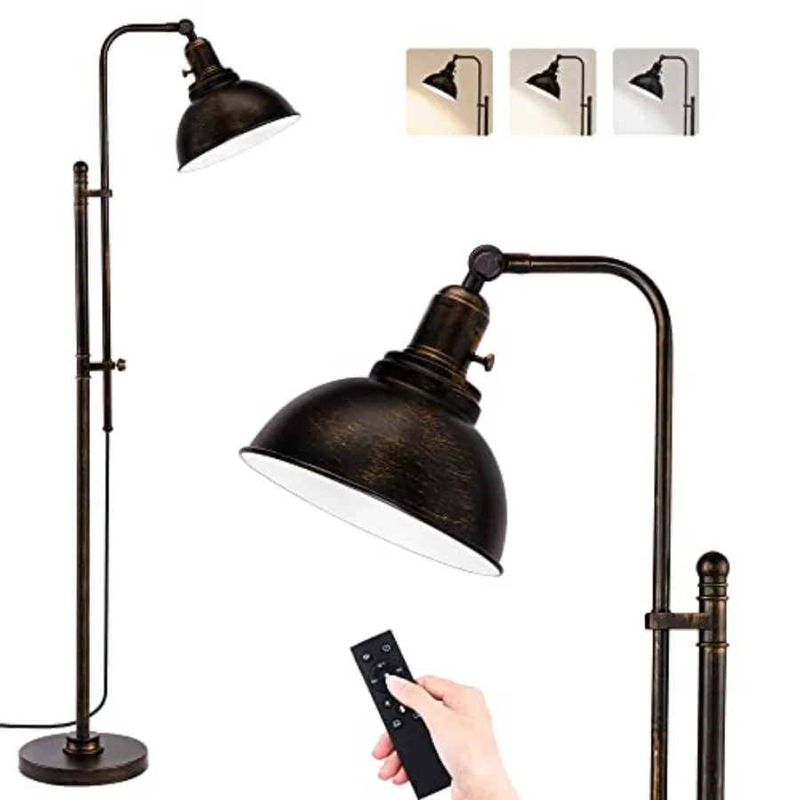 

Industrial Floor Lamp Adjustable Rustic Farmhouse Reading Lamp in Aged Black Finish Modern Standing Lamp with Remote Control Me