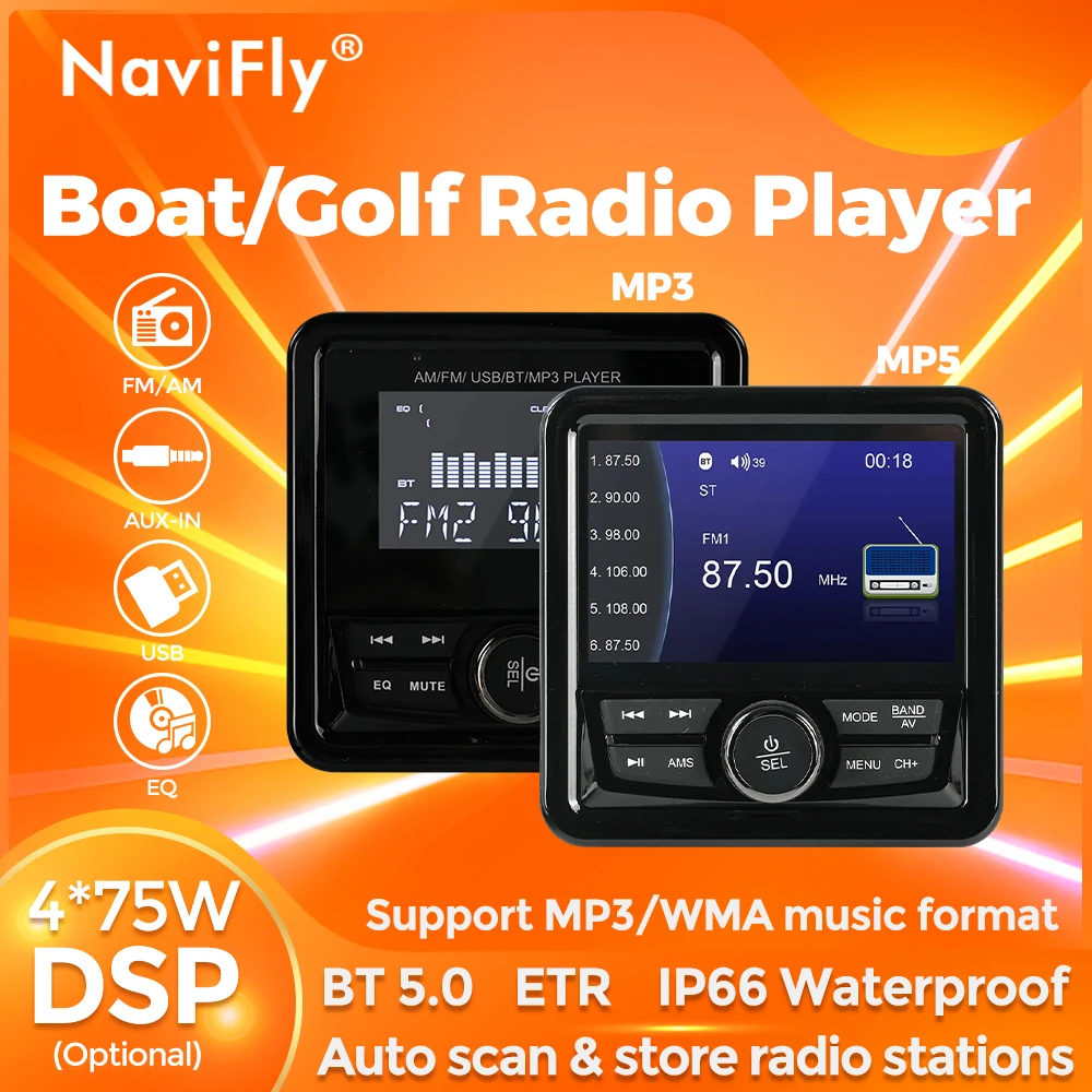 

NaviFly 4.1inch HD Marine Radio MP3 MP5 Player Boat Radio Video Player Waterproof BT FM DSP For Boats Jet ski ATV UTV Golf Carts