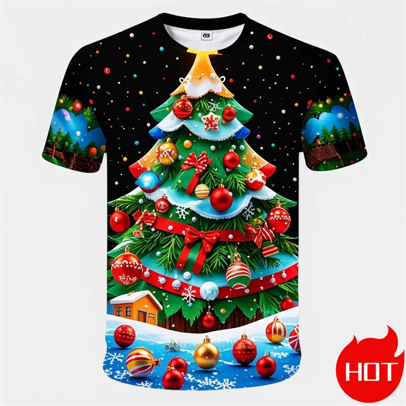 

Hot Selling 3D Printed Merry Christmas T-shirt Cute Santa Claus Christmas Tree Pattern T-shirt Men's Fun Street Wear T-shirt