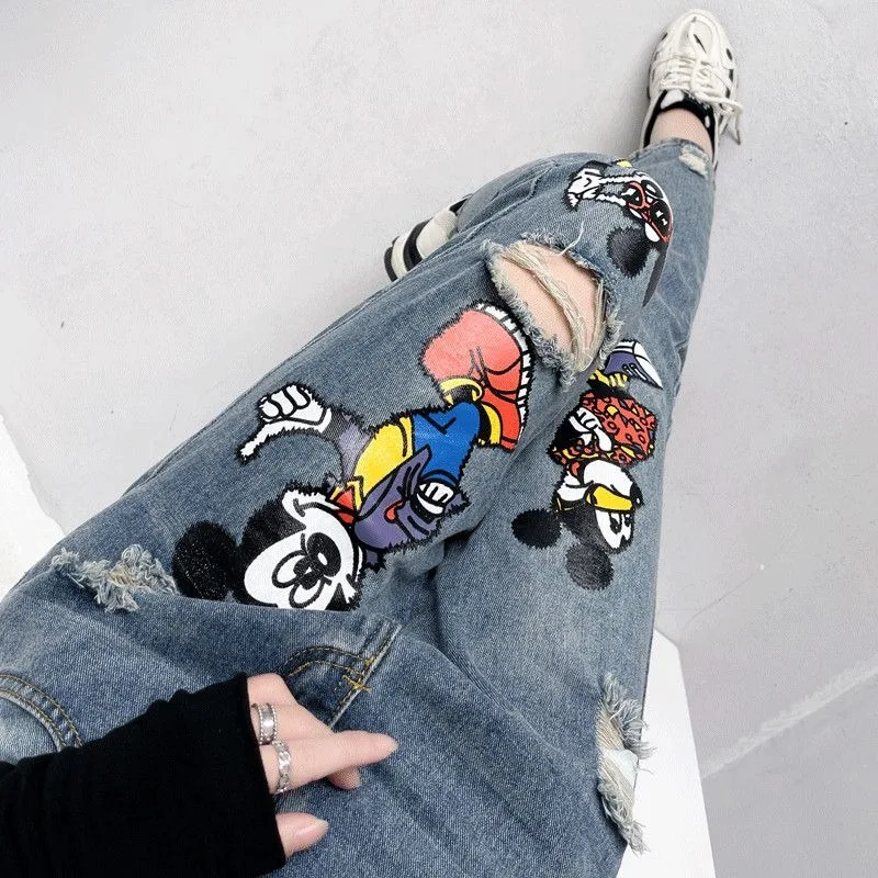 Mickey Mouse ripped jeans women's new cartoon Mickey print loose slimming high waist fashionable age-reducing harem pants gift