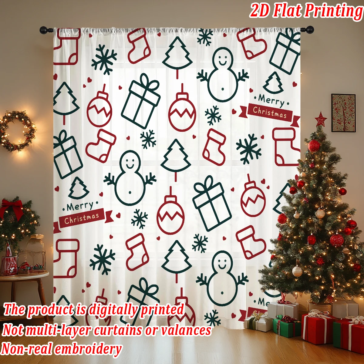 Christmas Flat Printing Sheer Curtain with Christmas Trees Snowflak Snowman Gift Box for Living Room Bedroom Decor Holiday Party