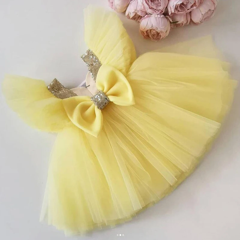 Summer Flower Kids Clothes Children's Clothing Bow Puffy Pageant Sequin Baby Girl Dress  Fancy Wedding Gown 0-5 Years Costume