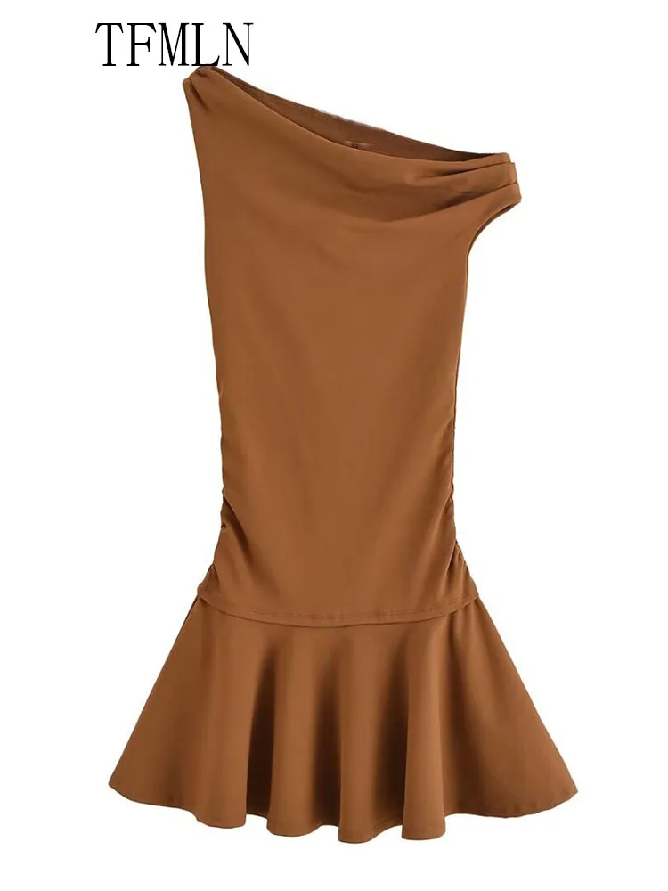 Tfmln 2025 feminino sólido assimétrico mini vestido de verão sem mangas gola diagonal causal vestido fino moda high street vestido
