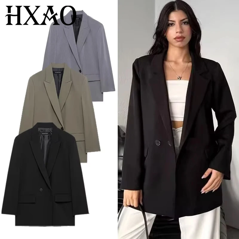 เสื้อเบลเซอร์ผู้หญิง HXAO สำหรับฤดูใบไม้ผลิ เสื้อคลุมทำงานสีดำ เขียว เทา เสื้อเบลเซอร์แขนยาว ทรงเข้ารูป รุ่น 066