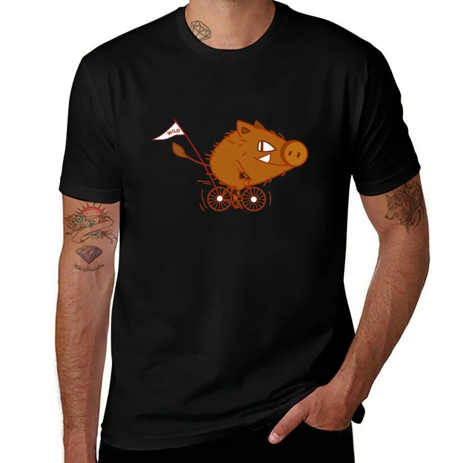 Funny boar rides a bicycle T-Shirt Soft Basic Cotton Short Sleeve Tee
