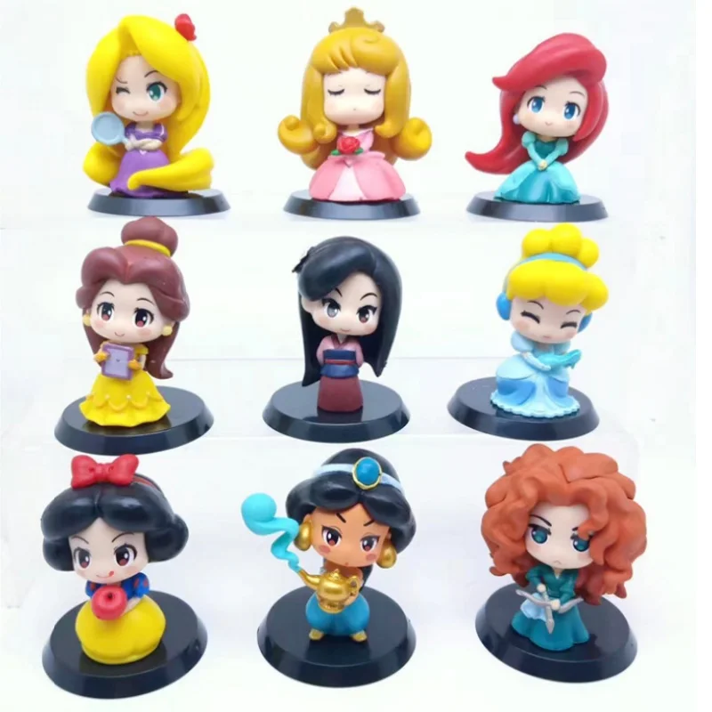 9 pz/set Cartoon Kawaii Q Ariel Belle Princess Action Figure Aurora Jasmine biancaneve Mulan Rapunzel Model Doll Toys regalo per bambini