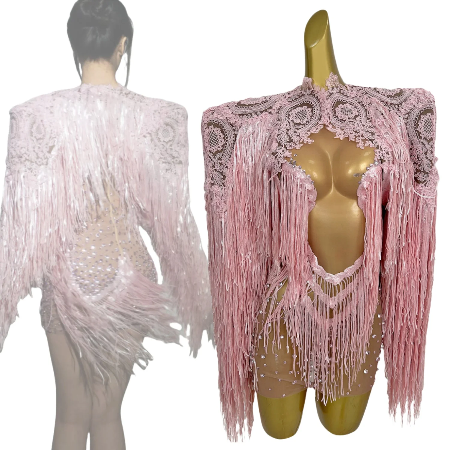 Sexy Lace Tassel Rhinestone Dress Jacket 2Pieces Set Women Nightclub DJ Dance Show Dress Suit Drag Queen Performer Outfit Kuaile