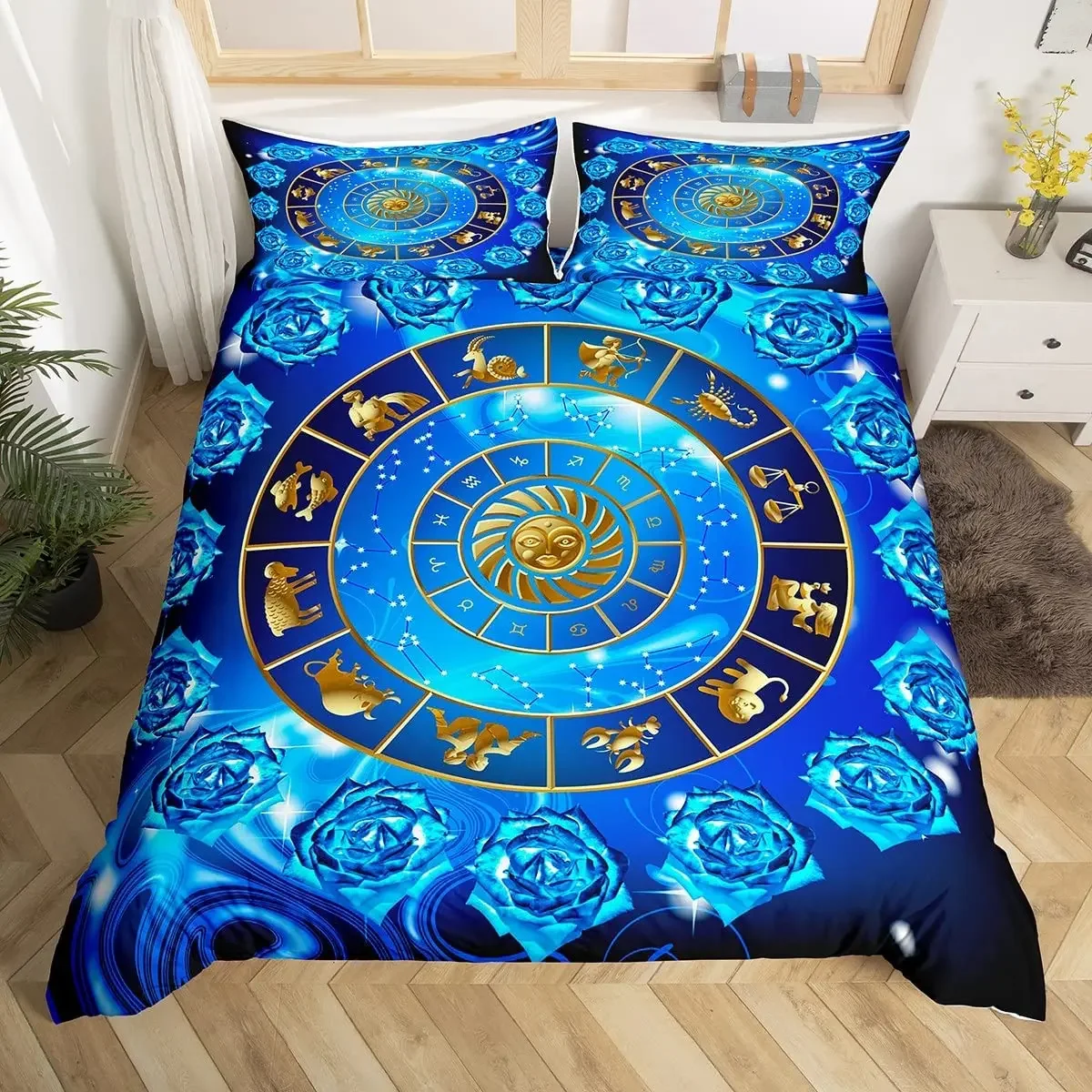 

Constellation Duvet Cover Set Twin Mysterious Zodiac Comforter Cover Starry Sky Galaxy Bedding Set Blue Rose Flowers Quilt Cover