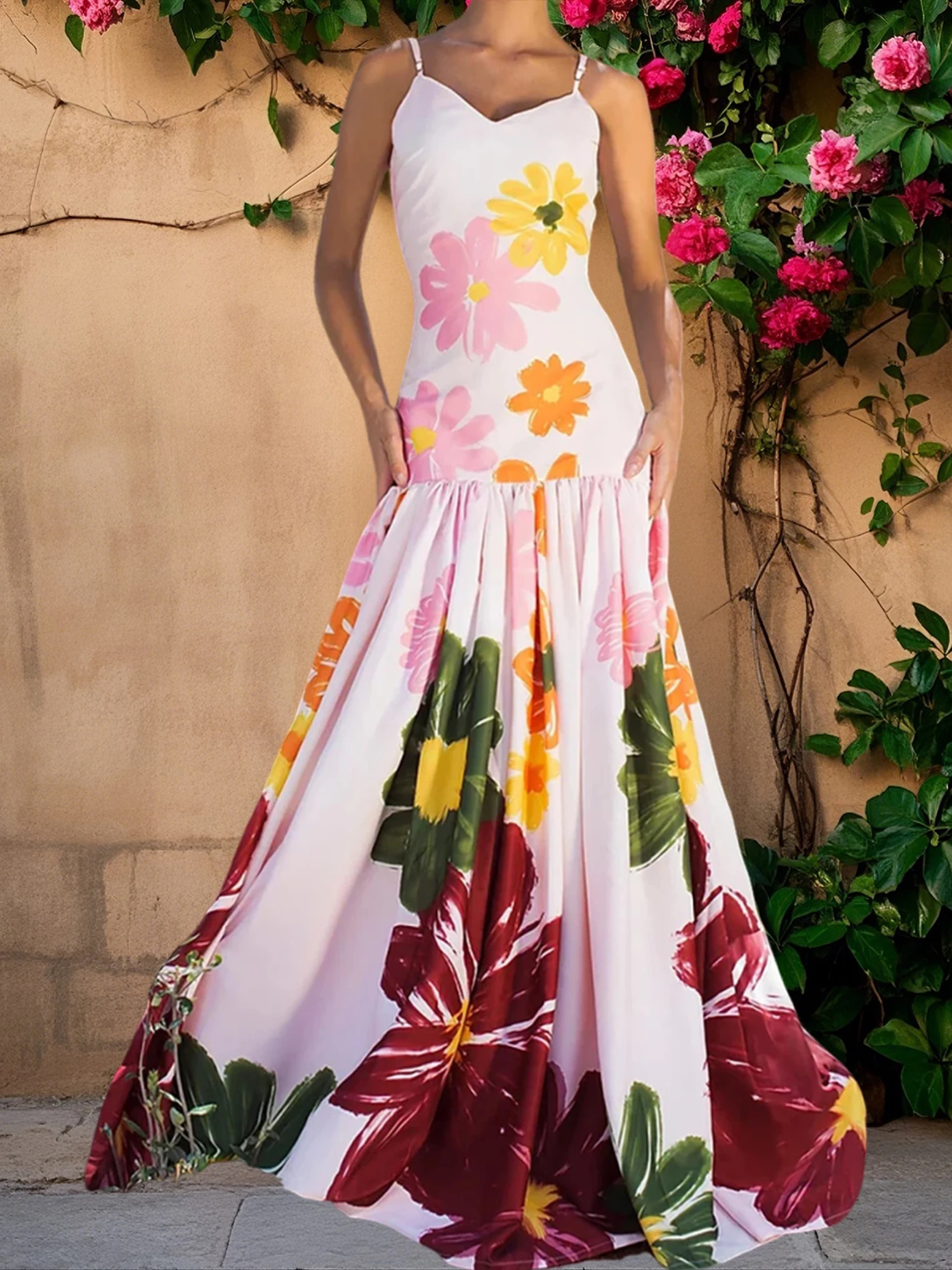Women s Boho Floral Print Spaghetti Strap Maxi Dress Sleeveless Flowy Hem Summer Beach Cami Dress with Pockets