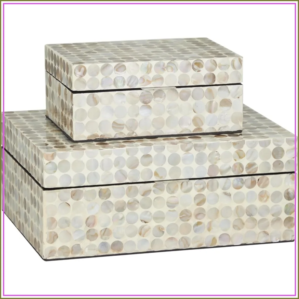 

Handmade Mother of Pearl Shell Geometric Decorative Boxes, Set of 2 with Hinged Lid, Cream