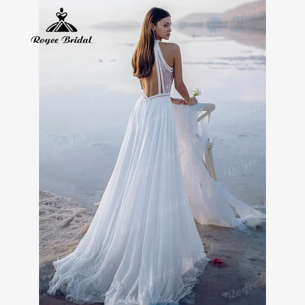 robe mariee boheme Halter Neckline Split Side Chiffon Beach Wedding Dress for Women 2025 Backless Bridal Gown Customized Sexy