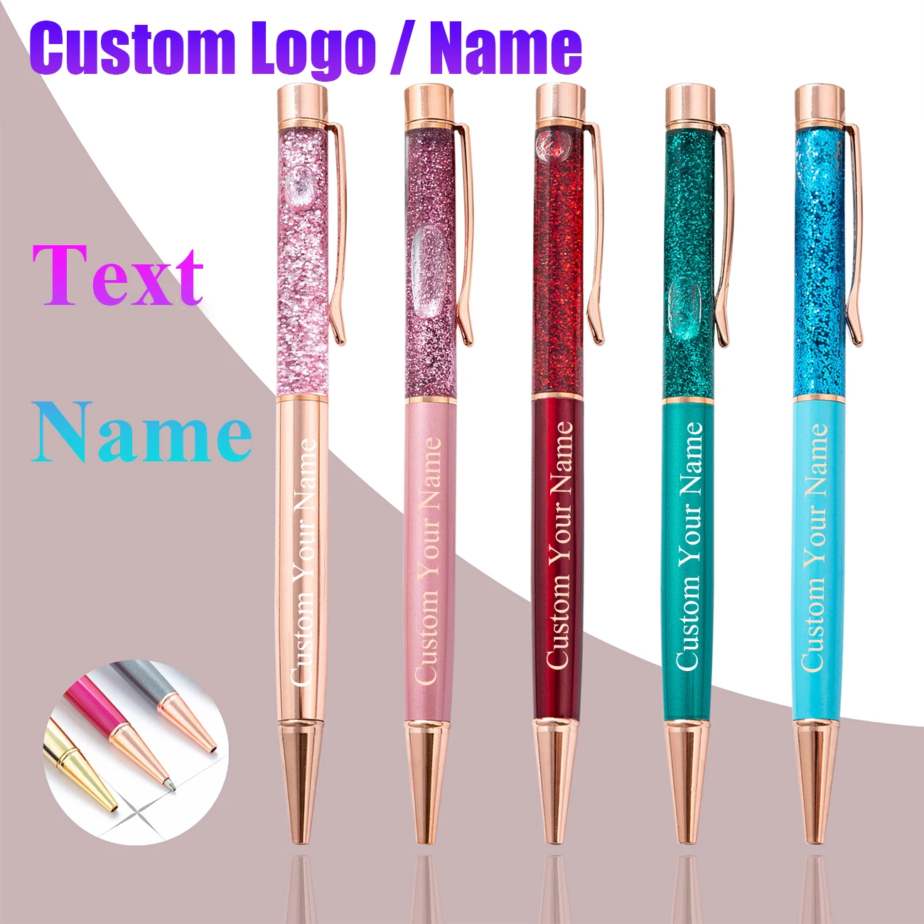 Canetas esferográficas personalizadas com glitter dourado, caneta de assinatura de metal de alta qualidade, logotipo personalizado, gravação de letras, nome, caneta de papelaria