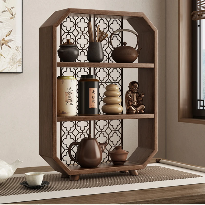 

New Chinese Style Desktop Antique Shelf Solid Wood Small Teacup Storage Kung Fu Tea Set Display and Placement Frame