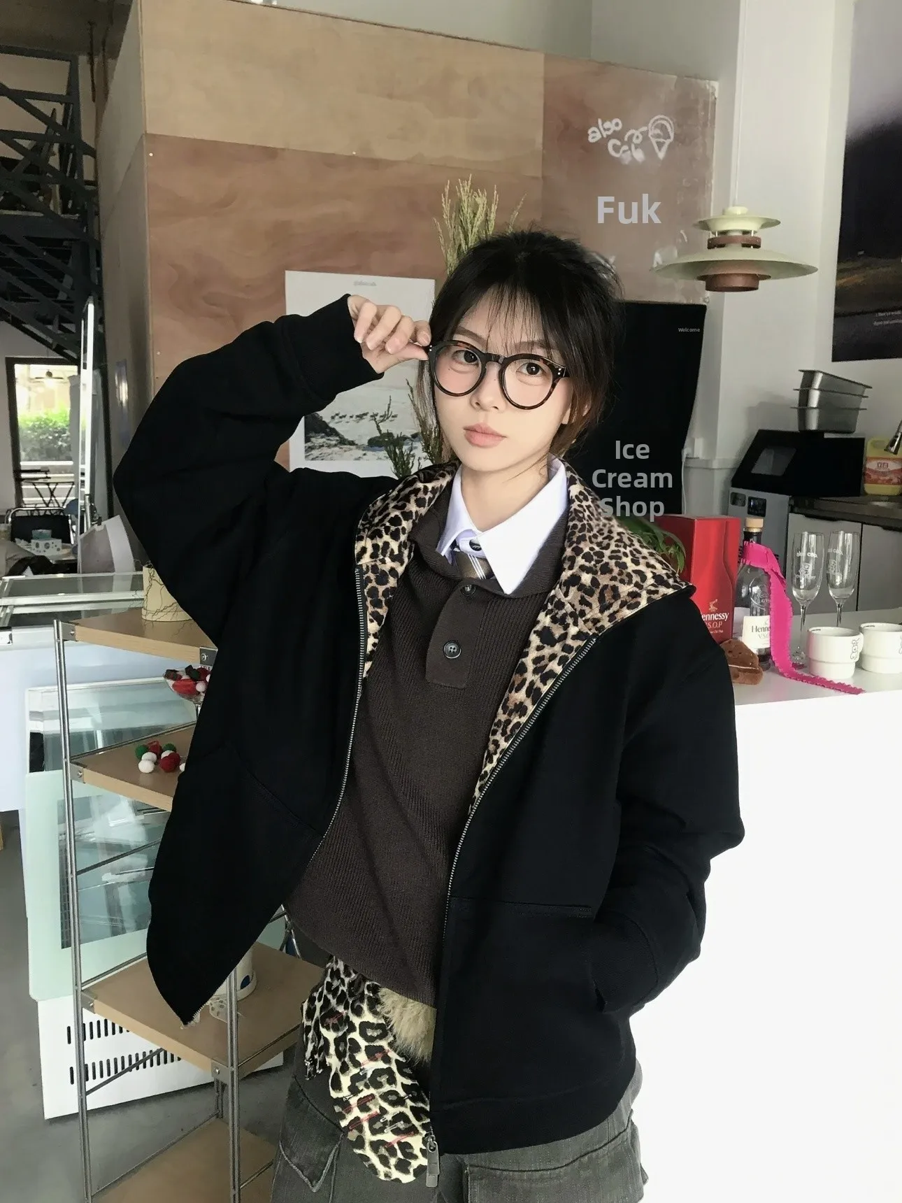 

American Sle Heavyweight Leopard Print Lined Hoodie ex ort Wide Design Sense Double Zipper Open Cardigan Jaet