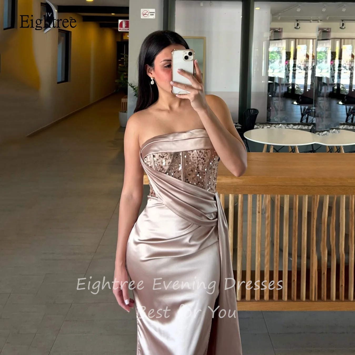 Eightree Sexy Shiny Strapless Formal Prom Gowns Mermaid Evening Dress Side Slit Floor Length Party Dresses Customized