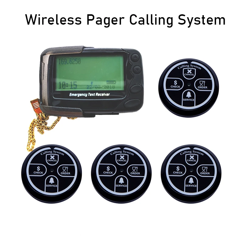 

Wireless Calling System Multi-function POCSAG Beeper Pager with 4pcs Emitter Call Button for Restaurant Hospital Hotel Factory