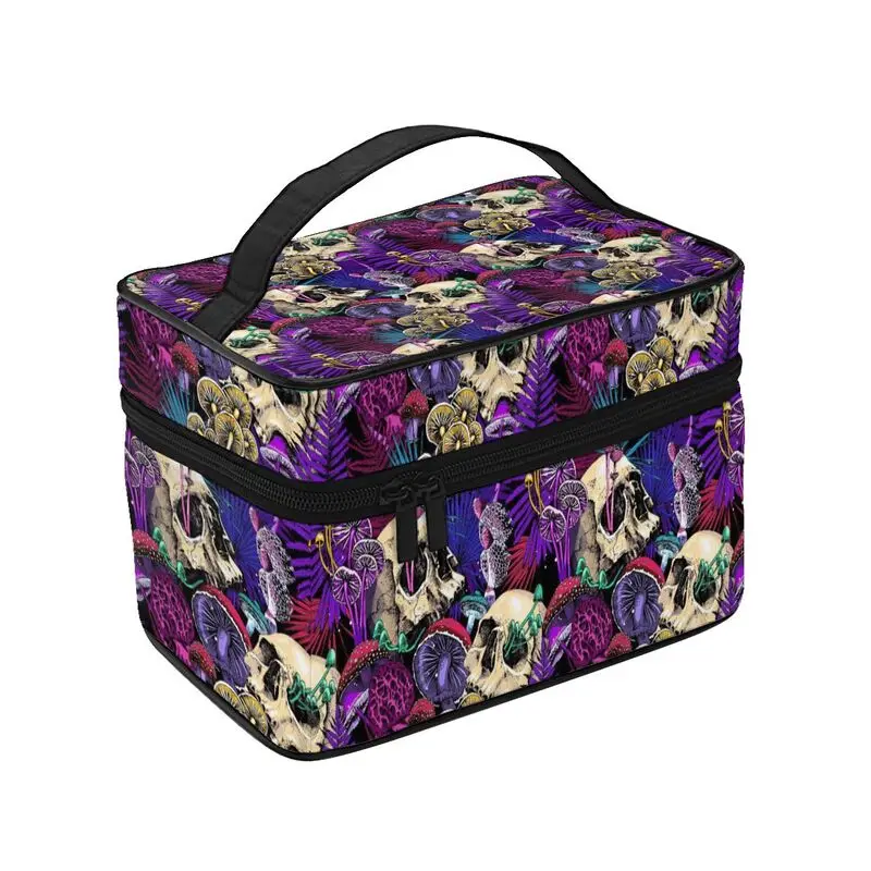 Psychedelic Gothic Skull Mushroom Makeup Organizer Bags Toiletry Bag Box Travel Cosmetic Bag Make Up Train Case for Women Ladies