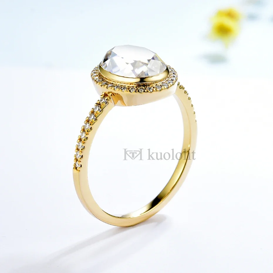 Kuololit Unique Portrait Moissanite Ring for Women Solid 18K 14K Yellow White Gold Oval Lozenge Ring for Engagement Christmas