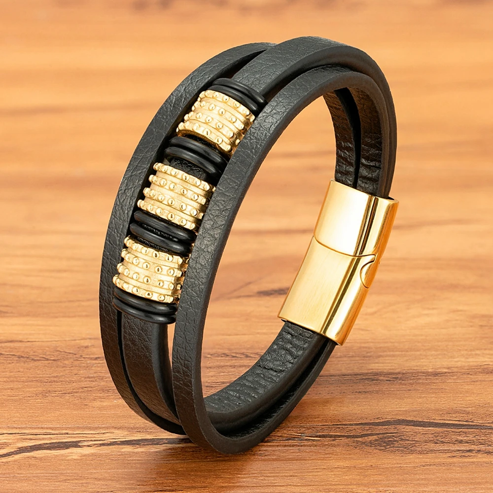 

XQNI Stainless Steel Bead Men's Leather Bracelet Black Multi-Layer Rope Bangle Accessories Design Style Luxury Jewelry Gift