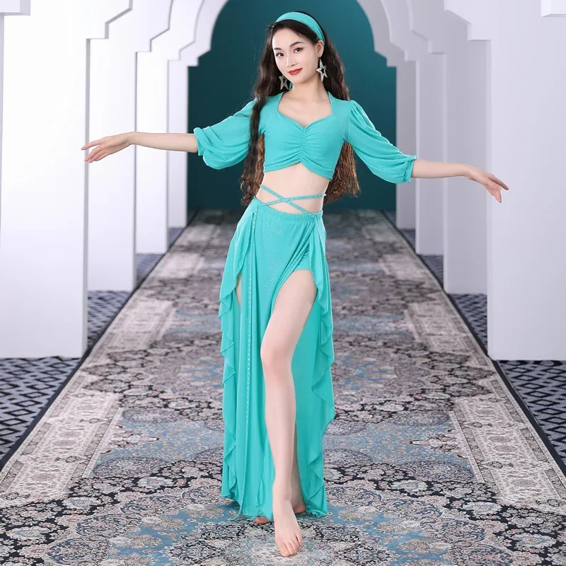 Belly Dance Practice Clothes Suit Printing Mesh Top Short Sleeves Split Skirt  Set Female Elegant Performance Clothing Summer