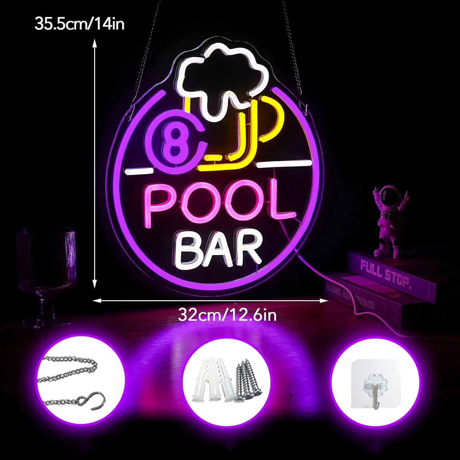 Pool Bar Neon Sign LED Wall Art USB Powered 8 Ball Beer Glow Lamp Billiards Theme Decor Home Game Room Club Pub Party  Light