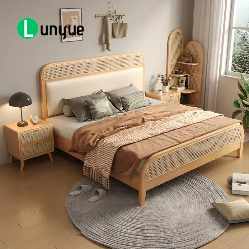 Modern Nordic Rattan Headboard Queen King Size Solid Wood Frame Green House Style Bedroom Furniture Optional Colors Durable