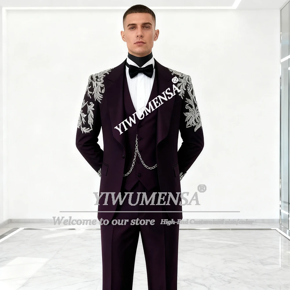 

Luxury Sliver Crystals Beaded Suit Attire For Men 3 Piece Set Shawl Lapel Prom Blazer Ropa Hombre Customized Groom Tuxedos Fit