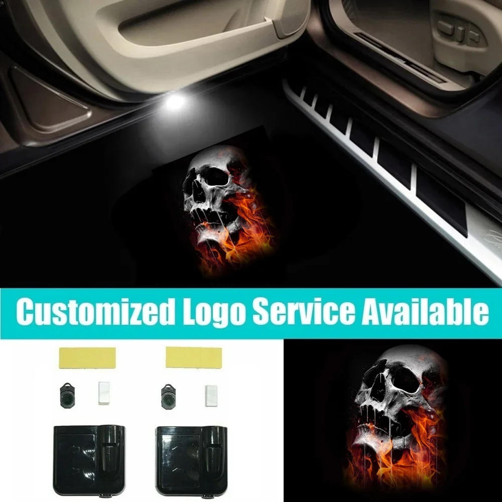 2Pcs Wireless Flame Skull LED Logo Car Door Welcome Laser Projector Ghost Shadow Light Anime Accessories