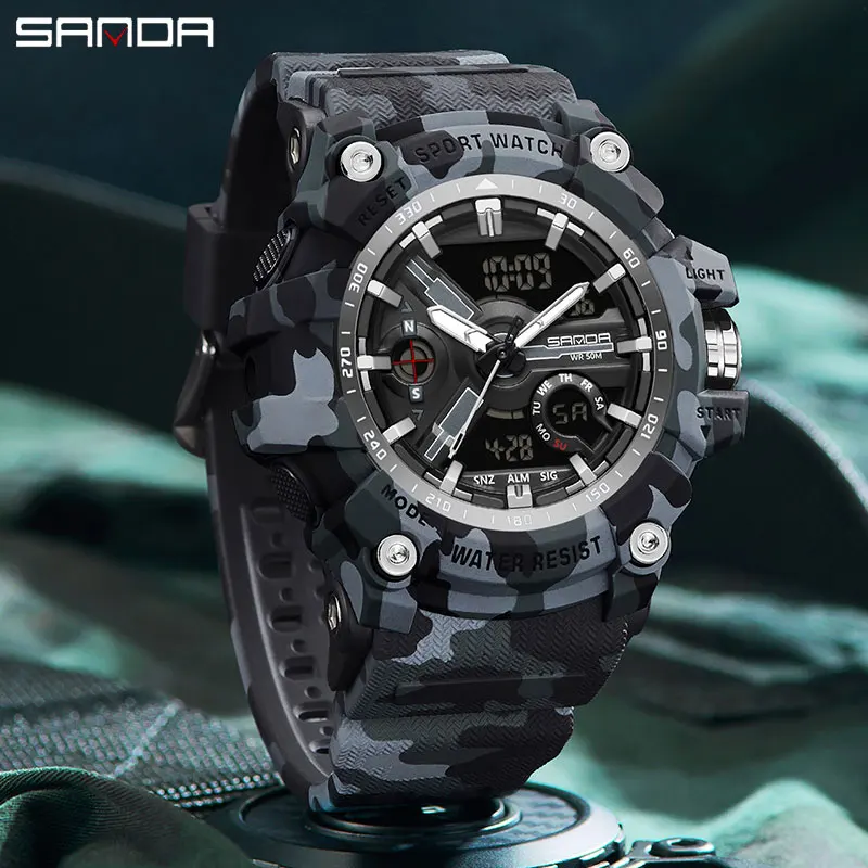 SANDA G style Dual Display Men Watches Waterproof Sports Watch Military Man Alarm Stopwatch Quartz Wristwatch Male Digital Clock